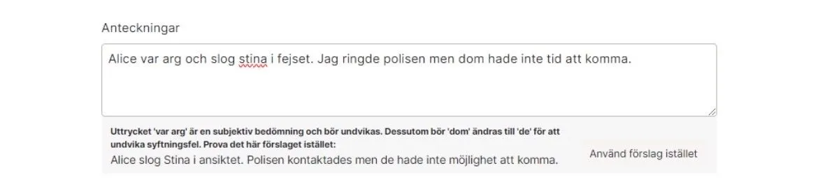 En journalanteckning med ett AI-förslag på en saklig och objektiv formulering under textfältet.
