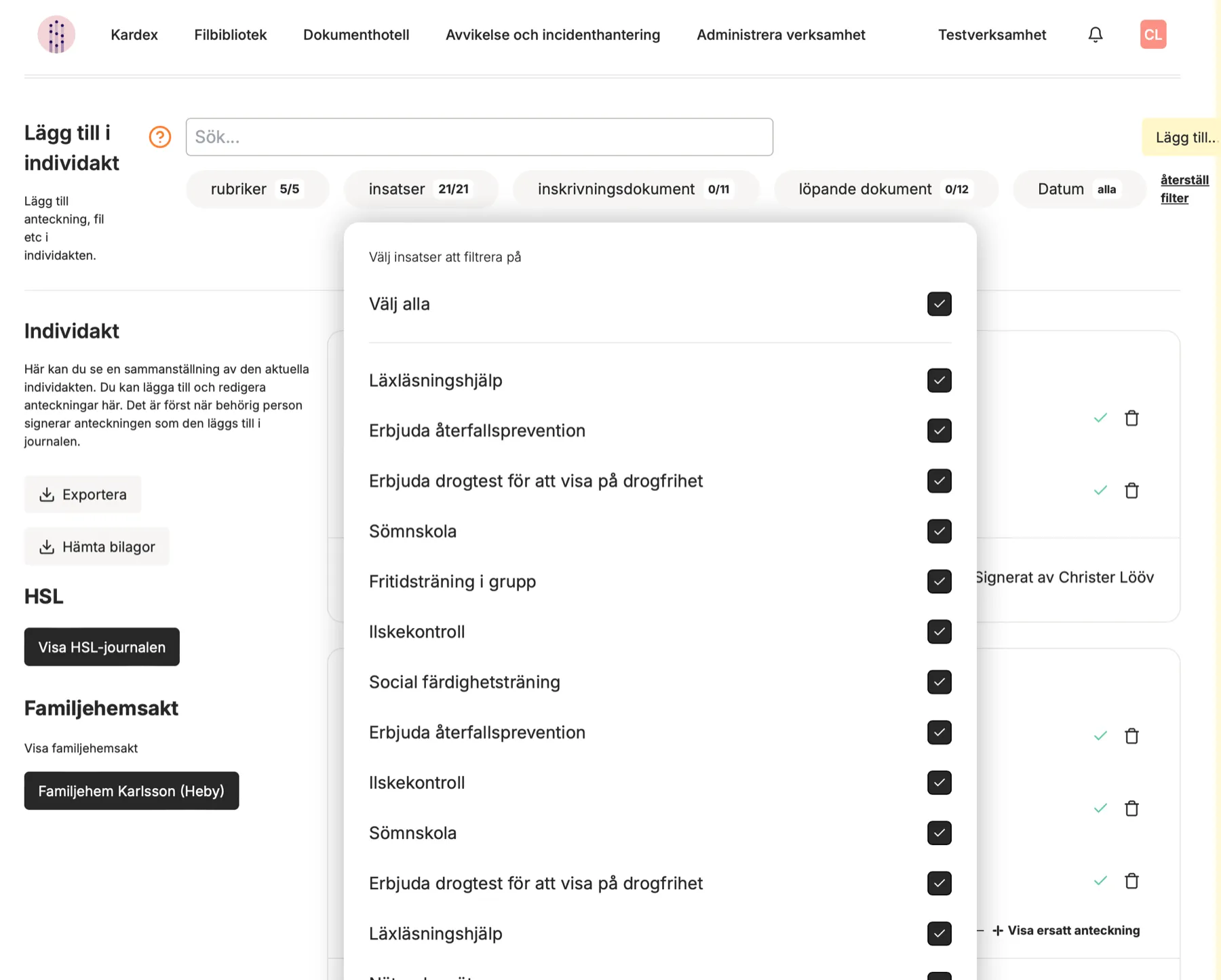Journalens filter, där anteckningar kan väljas per insats från genomförandeplanen eller valda journalrubriker.